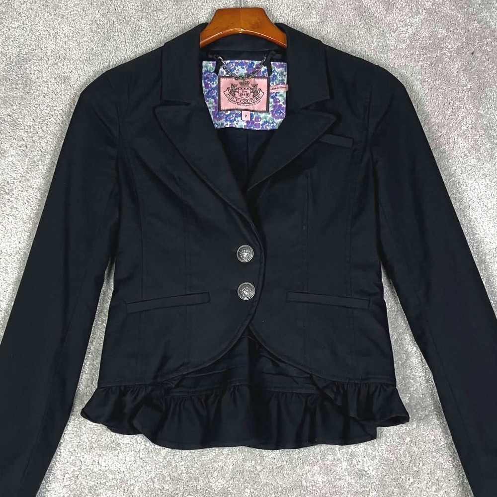 Juicy Couture Blazer Women P Black Ruffle Hem Crest Button Cotton Jacket Y2K